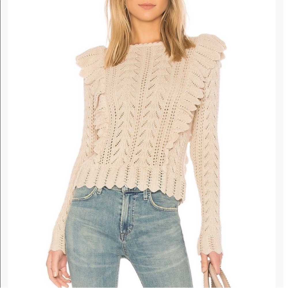 LoveShackFancy Cream Ruffle Sweater in oatmeal wool size L